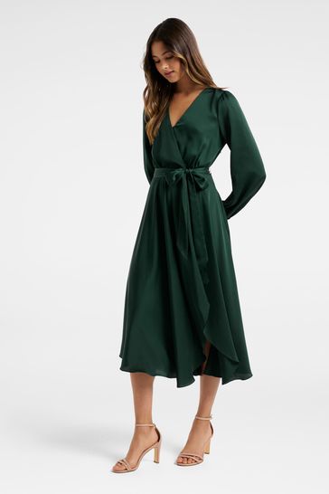 Green satin shop wrap midi dress
