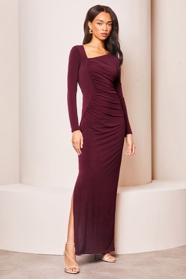 Lipsy Purple Long Sleeve Ruched Front Side Split Maxi Dress