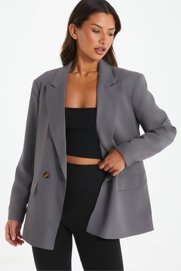 Quiz Grey Woven Oversized Double Breasted Tailored Blazer