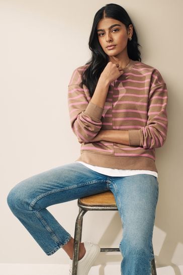 Neutral/Blush Pink Layered Spliced Stripe T-Shirt Overlay Sweatshirt
