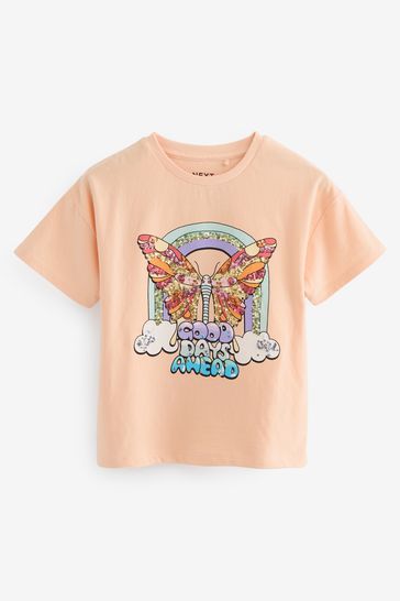 Apricot Orange Sequin Butterfly Graphic T-Shirt (3-16yrs)