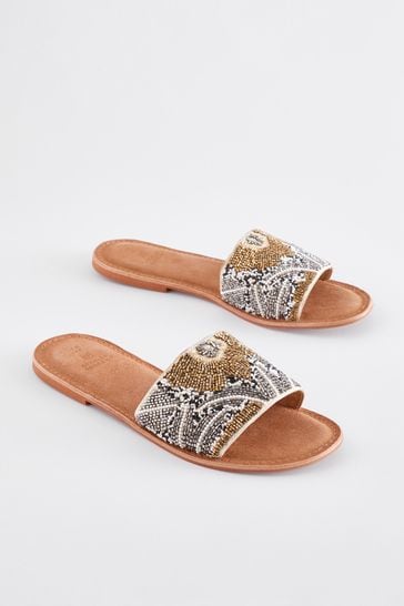Metallic Regular/Wide Fit Forever Comfort® Leather Beaded Mules