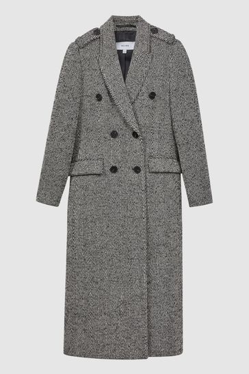 Reiss Grey Jesse Wool Blend Herringbone Coat