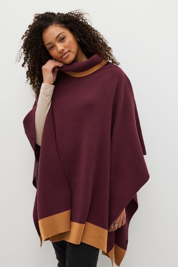 Berry Red / Pink / Mustard Roll Neck Stripe Poncho Jumper