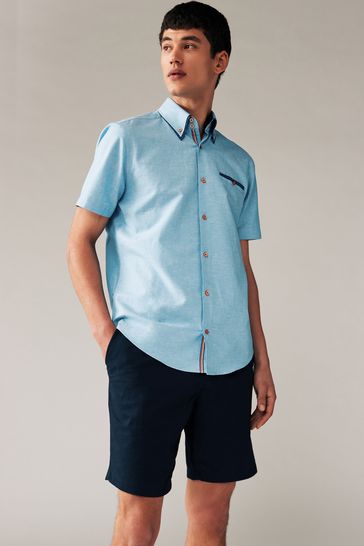 Blue Double Collar Regular Fit Trimmed Linen Blend Short Sleeve Shirt