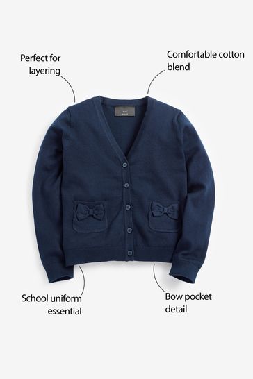 Navy Blue Cotton Rich Bow Pocket School Cardigan 3 16yrs