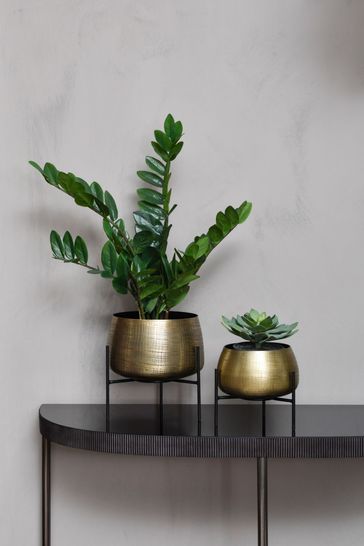 Libra Brass Clyde Tabletop Brass Set of 2 Planters on Black Stands