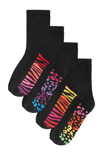 Rainbow Animal Black Cushion Sole Footbed Ankle Socks 4 Pack