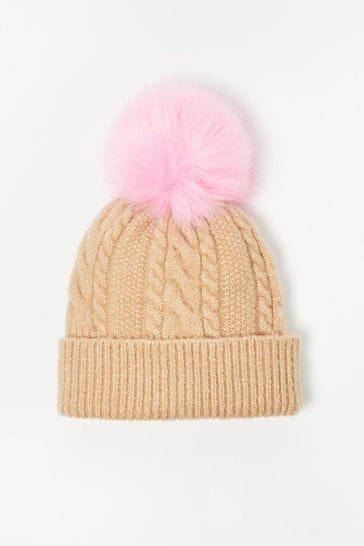 Oliver Bonas Brown Cable Pom Knitted Bobble hat