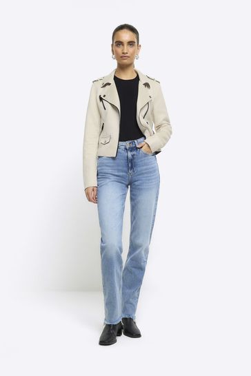 River Island White Suedette Crop Biker Jacket
