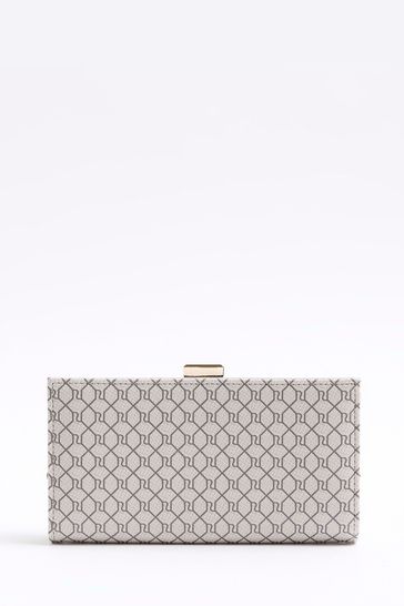 River Island Cream Panelled Monogram Cliptop Purse