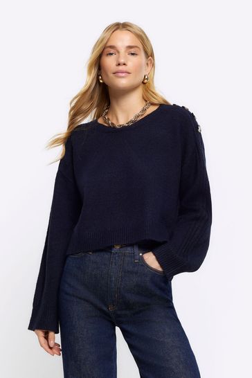 River Island Blue Cropped Button Jumper