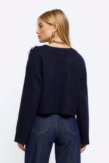 Buy River Island Blue Cropped Button Jumper from Next Luxembourg