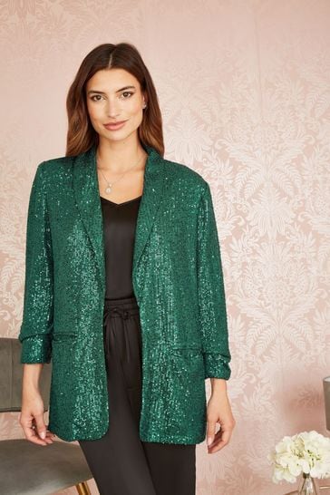 Yumi Dark Green Sequin Blazer With Pockets