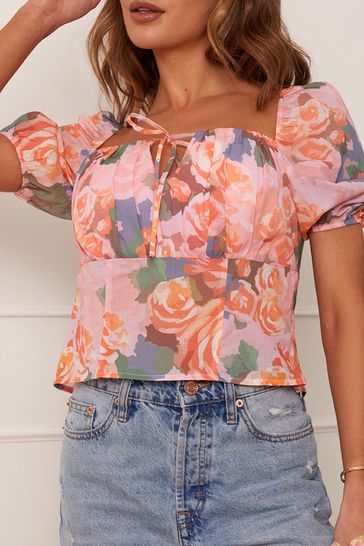 Chi Chi London Pink Ruched Bust Floral Top