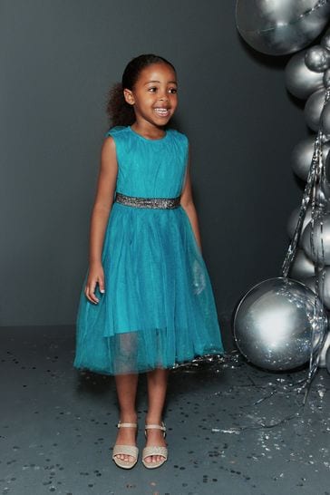 Teal Green Mesh Tie Back Party Dress (3-16yrs)