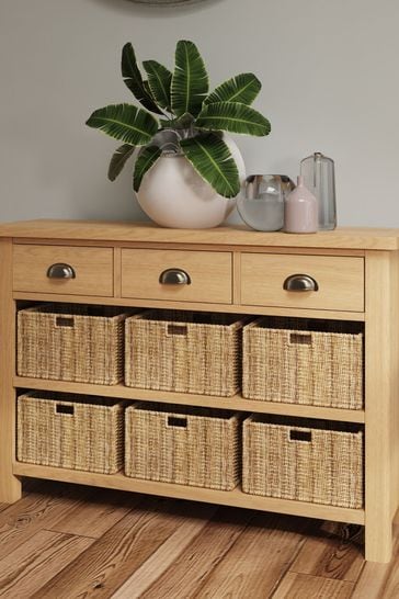 K Interiors Oak Lana Solid Wood 3 Drawer 6 Basket Cabinet