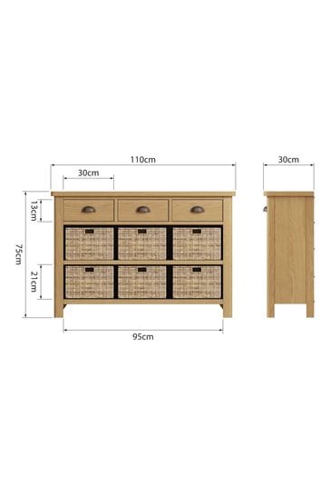 K Interiors Oak Lana Solid Wood 3 Drawer 6 Basket Cabinet