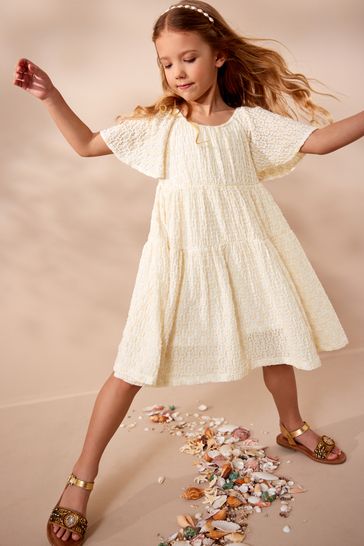 Ecru White Jersey Textured Angel Sleeve Dress 3 16yrs