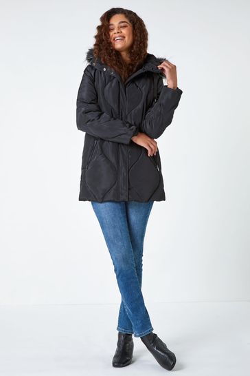 Buy Roman Black Quilted Faux Fur Hooded Coat from Next Ireland
