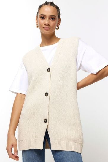 River Island Cream Button Front Longline Knitted Waistcoat