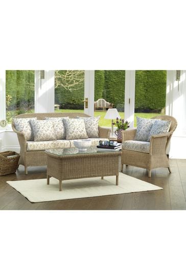 Laura Ashley Natural Garden Bewley Indoor Rattan Lounging Set With Willow Leaf Hedgerow Cushions
