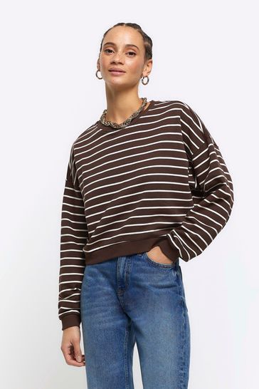 River Island Brown Stripe Cropped Sweatshirt