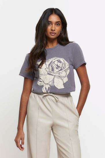River Island Grey Boyfriend Embellished Rose T-Shirt