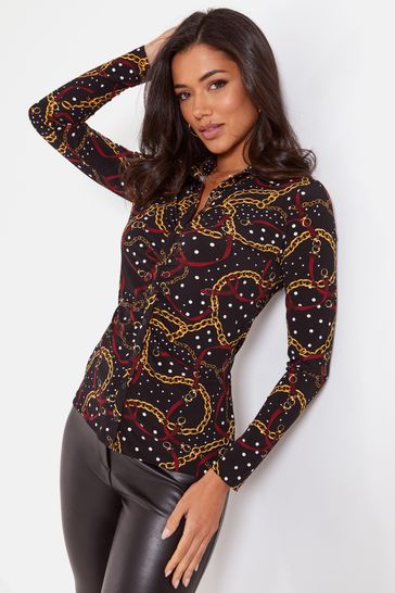 Pour Moi Black Multi Brooke Recycled Jersey Ruched Front Shirt