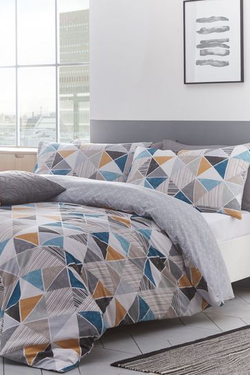 furn. Grey Multicolour Harlequin Geometric Reversible Duvet Cover and Pillowcase Set
