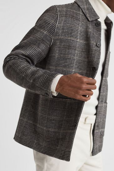 Reiss Charcoal Covert Wool Blend Check Overshirt