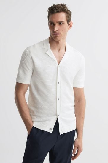 Reiss White Lunar Textured Cuban Collar Button-Through Shirt
