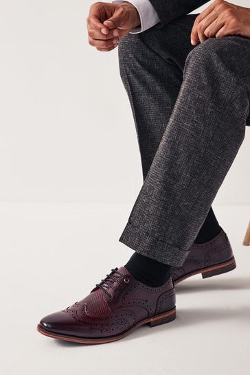 Burgundy Red Texture Detail Double Wing Brogue Shoes