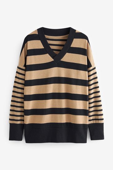 Buy Neutral Black Stripe Cosy Lightweight Soft Touch Longline V Neck Jumper Top from Next Germany