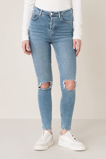 Mid Blue Busted Knee Authentic Stretch High Rise Skinny Jeans