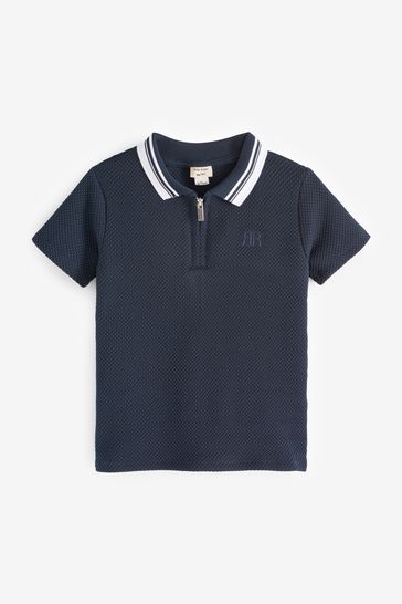 River Island Blue Mini Boys Textured Tipped Polo Shirt