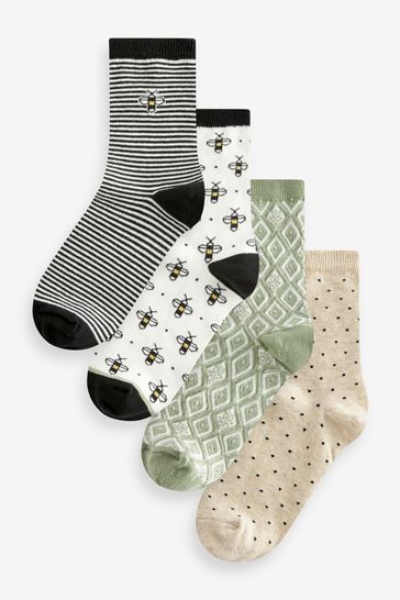 Black / White / Green Bees Ankle Socks 5 Pack
