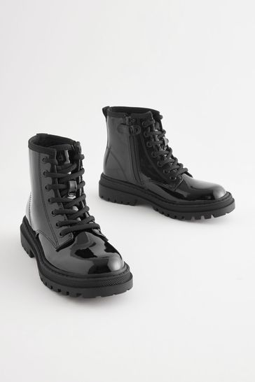 Black Patent Wide Fit (G) Warm Lined Lace Up Boots