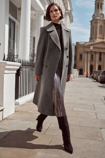Love Roses Grey Marl Double Breasted Hourglass Coat With Wool