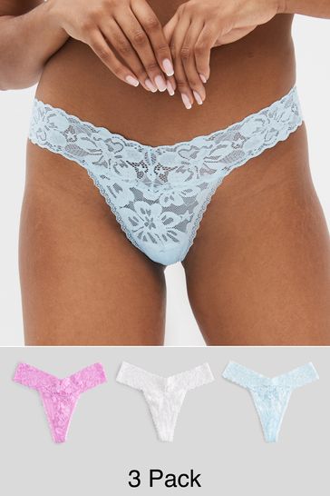 Pink/Blue/White Thong Floral Lace Knickers 3 Pack
