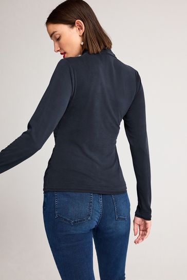 Navy Blue Wrap Neck Modal Rich Long Sleeve Top