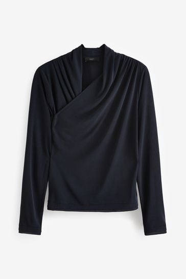Buy Navy Blue - Wrap Neck Modal Rich Long Sleeve Top from