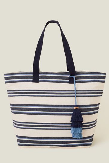 Blue and white striped sales tote bag