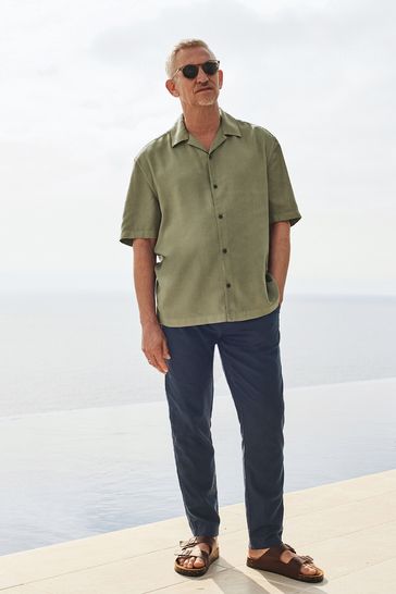 Green Tencel™ Lyocell Short Sleeve Shirt with Cuban Collar