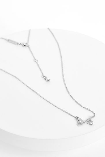 Ted Baker Silver Tone BARSIE Crystal Bow Pendant Necklace