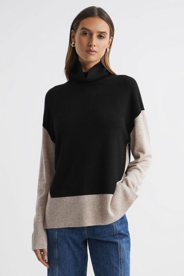 Reiss Stone/Black Alexis Wool Blend Roll Neck Jumper