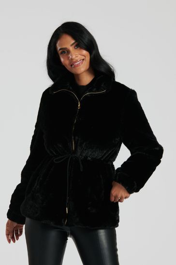 South Beach Black Faux Fur Jacket with Waits Ties