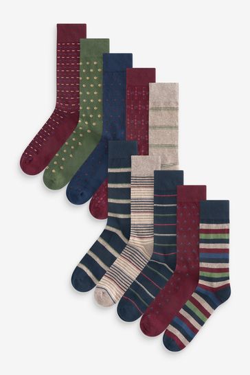 Neutral/Navy Blue Pattern 10 Pack Cushioned Sole Comfort Socks