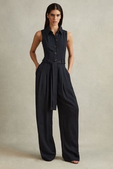 Reiss Navy Perla Belted Wide Leg Jumpsuit