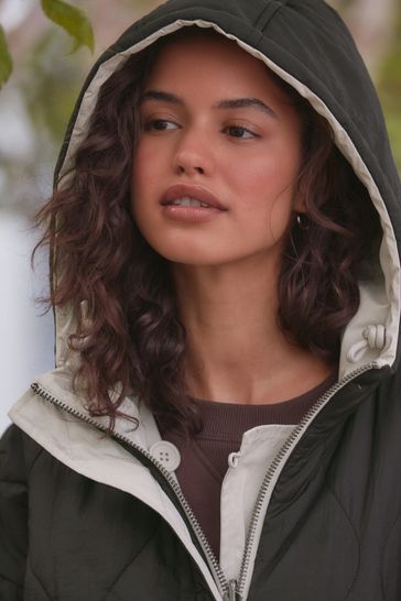 Black Reversible Shower Resistant Hooded Quilted Coat
